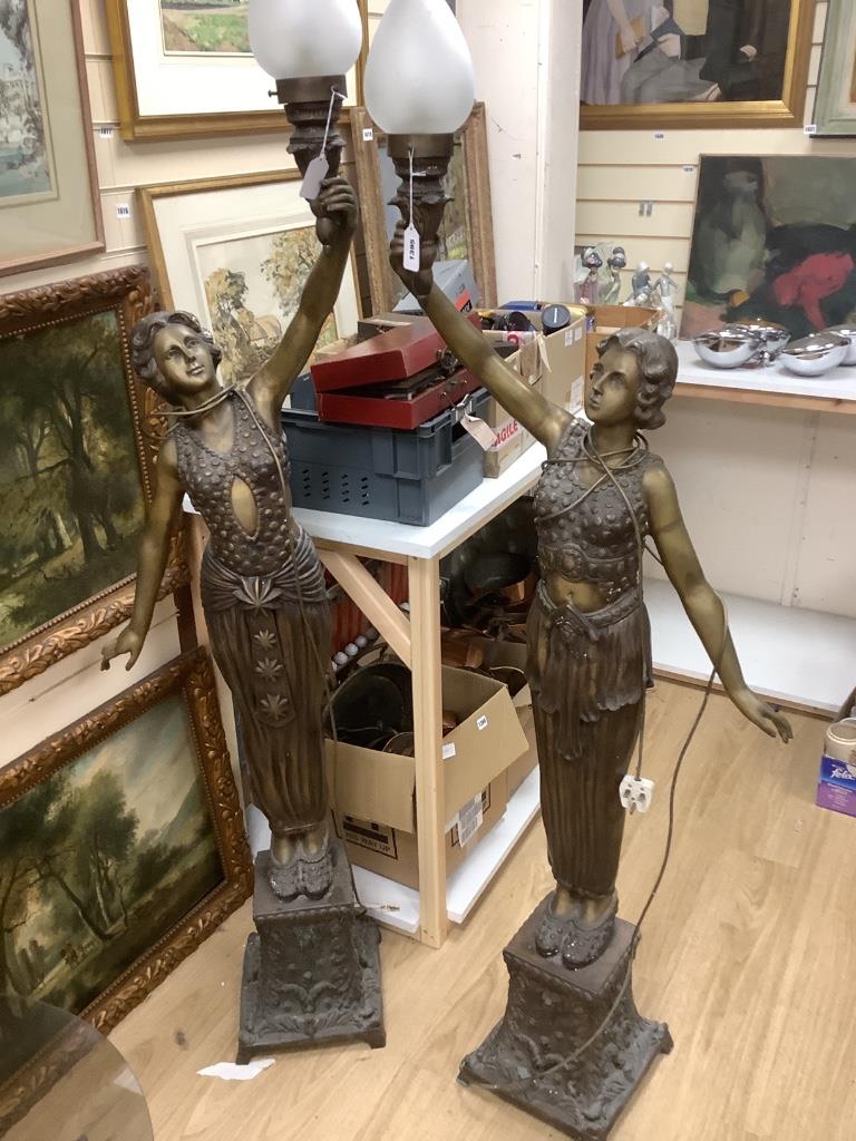 A large pair of figural Art Nouveau style torchere lamps, height 173cm